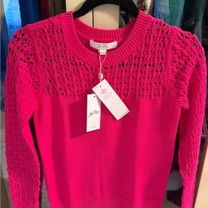 NWT! Lilly Pulitzer Parigi Pink Daisa Crochet-Yoke Crewneck Sweater